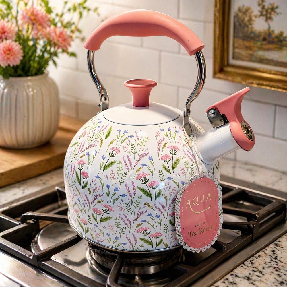 Aqua Floral Print Stainless Steel Whistling Tea Kettle Pink Handle 2.64 Quart